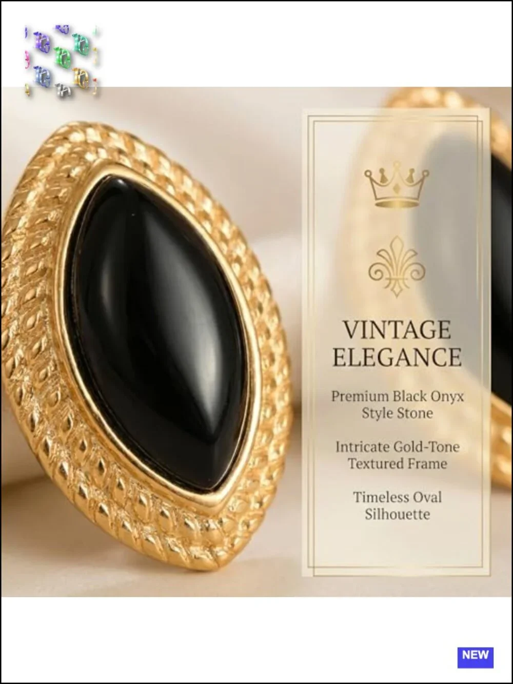 Oval Geometric Black Glass Dangle Earrings with Gold Bezel